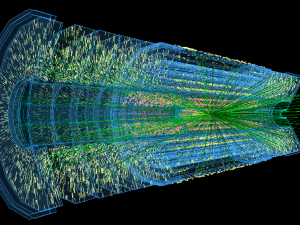 Rendering of a collision of particle beams at the LHC